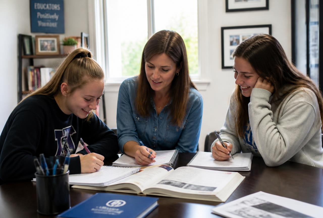 A tutor working through coursework with two students at a learning centre table