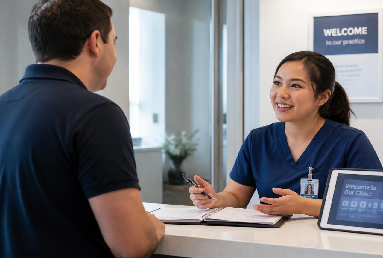 A clinic team member welcoming a patient at a reception desk