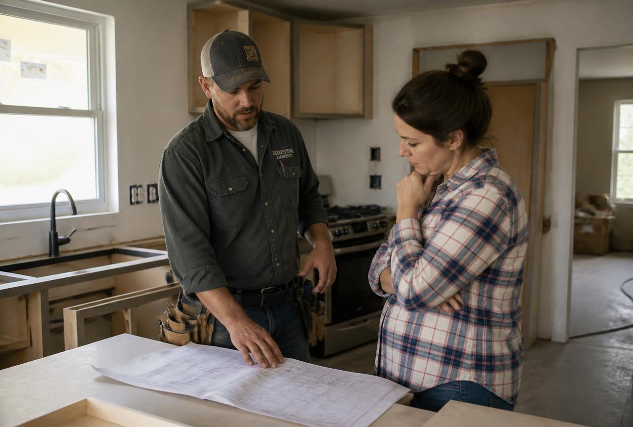 A remodeling contractor reviewing renovation plans with a homeowner in a kitchen