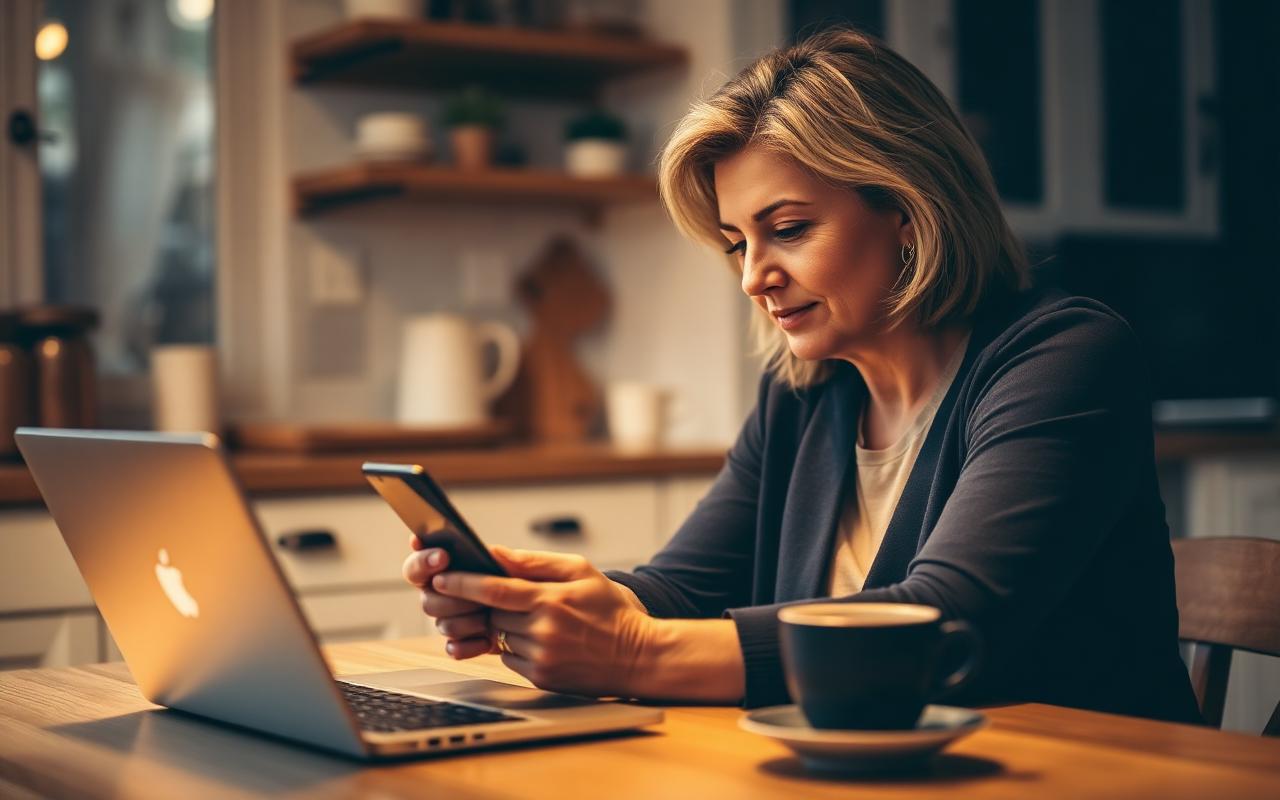 A customer searching for a local business on her phone at her kitchen table