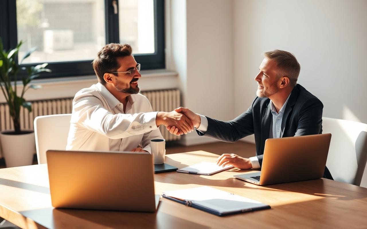 A business owner and a marketing consultant shaking hands after a meeting