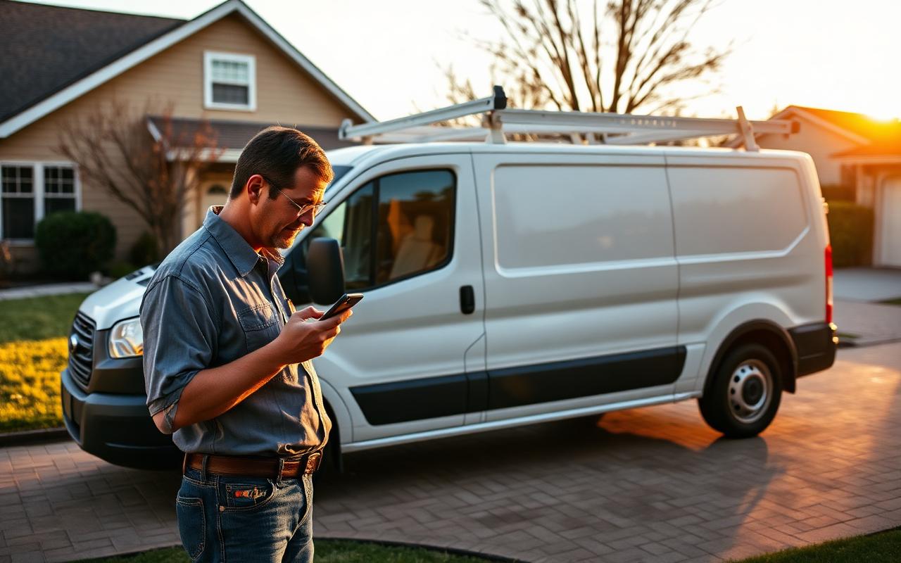 A home improvement contractor checking his phone beside his work van in a driveway