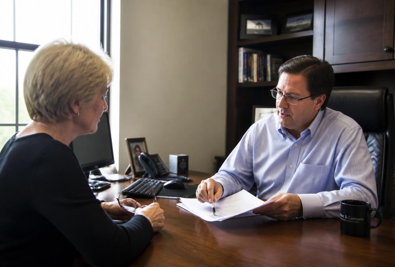 A consultant reviewing documents with a client across a desk in a small office