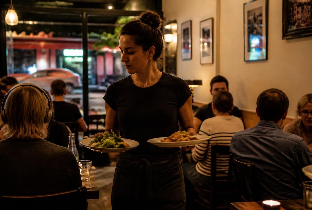 A server carrying plates through a busy neighbourhood restaurant with guests dining