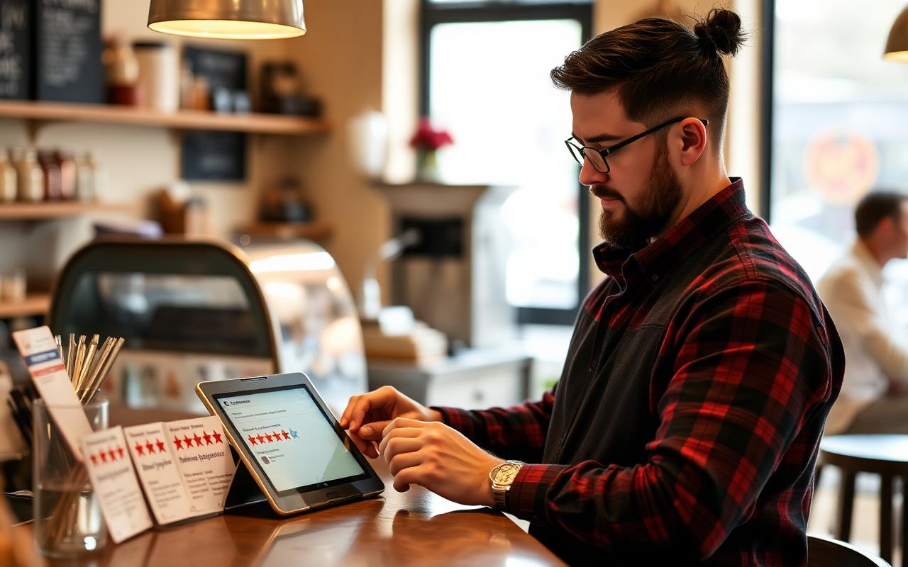 A cafe owner reading customer reviews on a tablet behind the counter