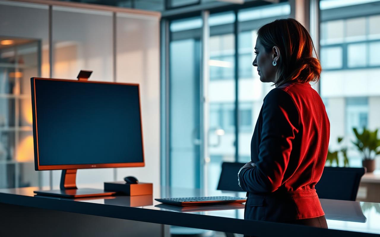 A consultant reviewing search results and listings on a large office monitor