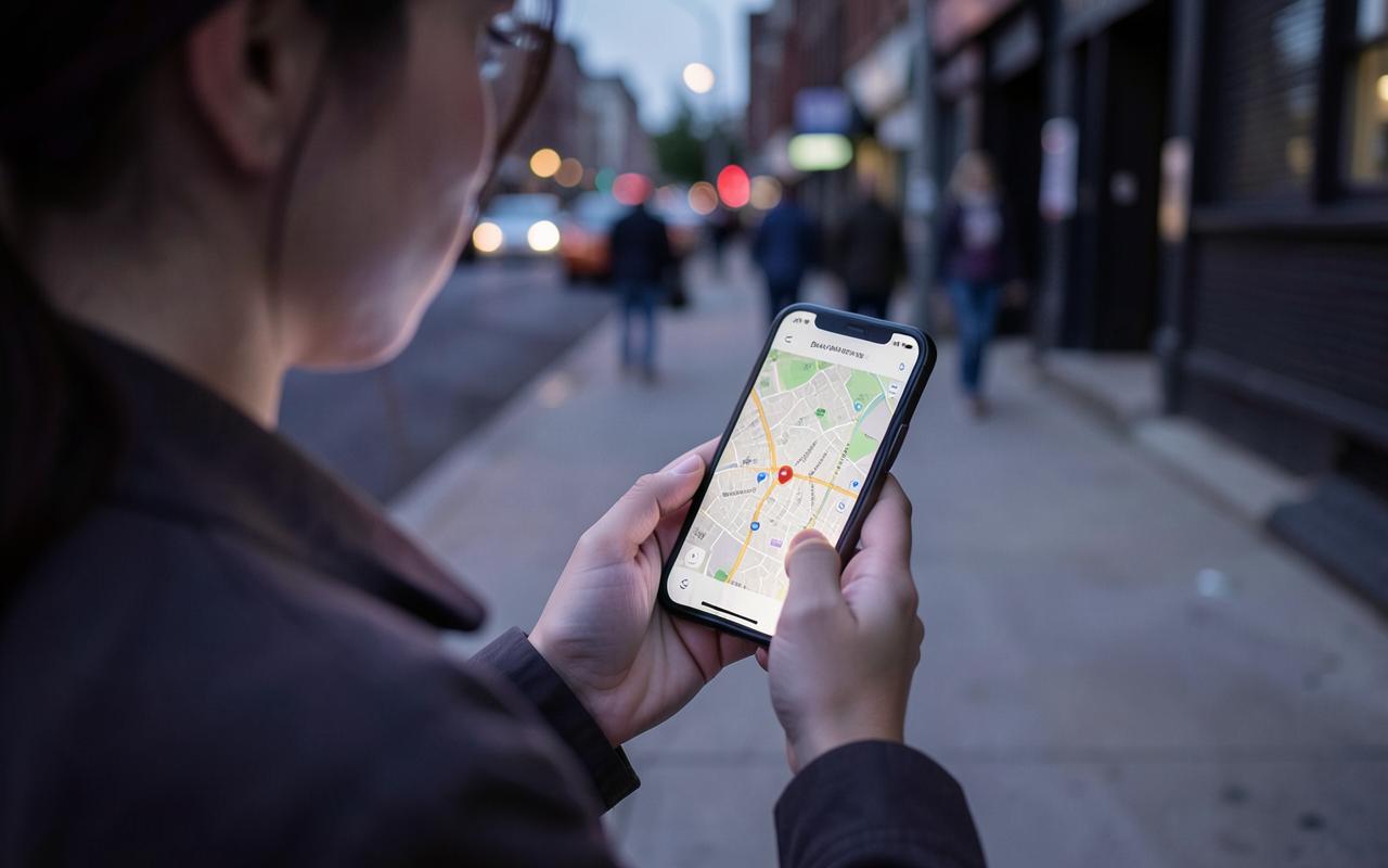 Customer on a city street finding a local business on a maps app on her phone