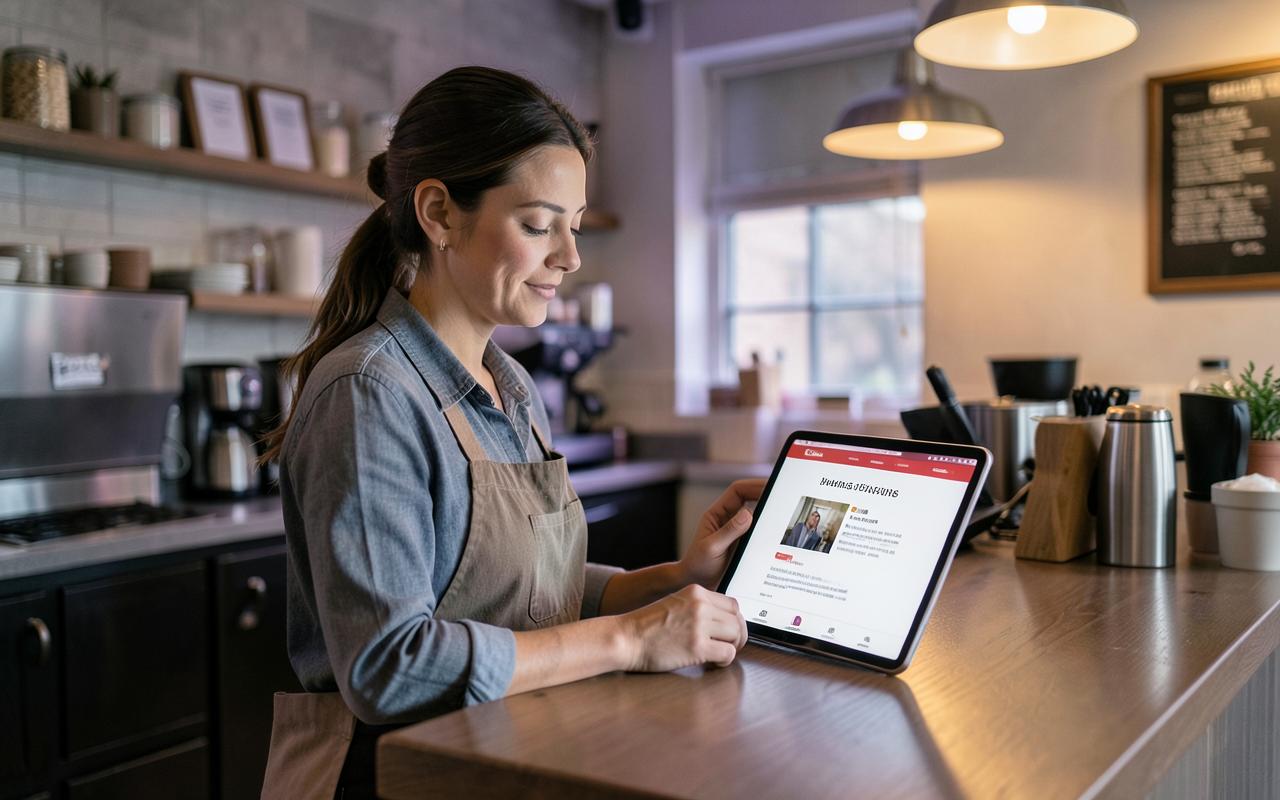 Café owner updating her business profile and website on a tablet behind the counter