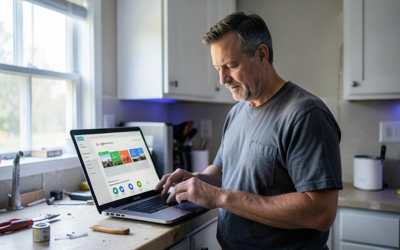Home-improvement business owner checking how his company appears in online search on a laptop at a renovation site