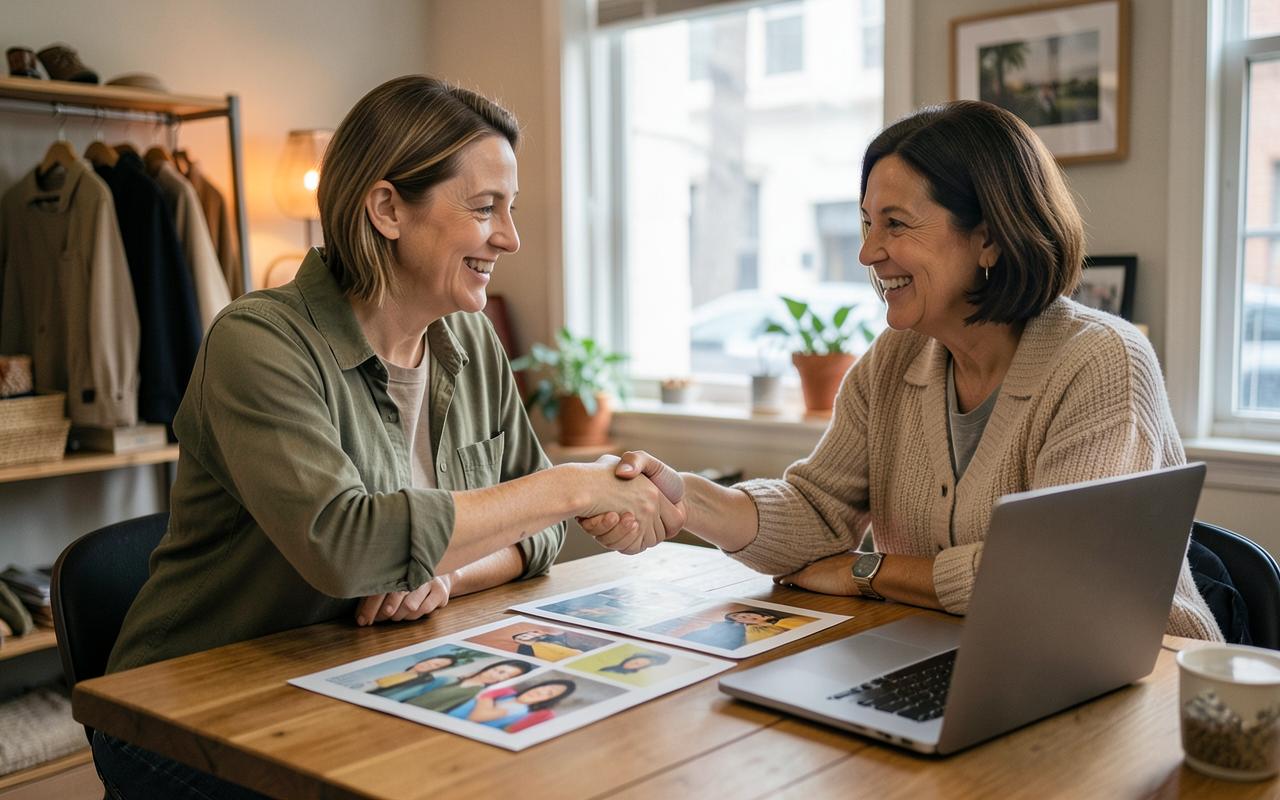 Marketing consultant and retail business owner reviewing growth results together in her shop