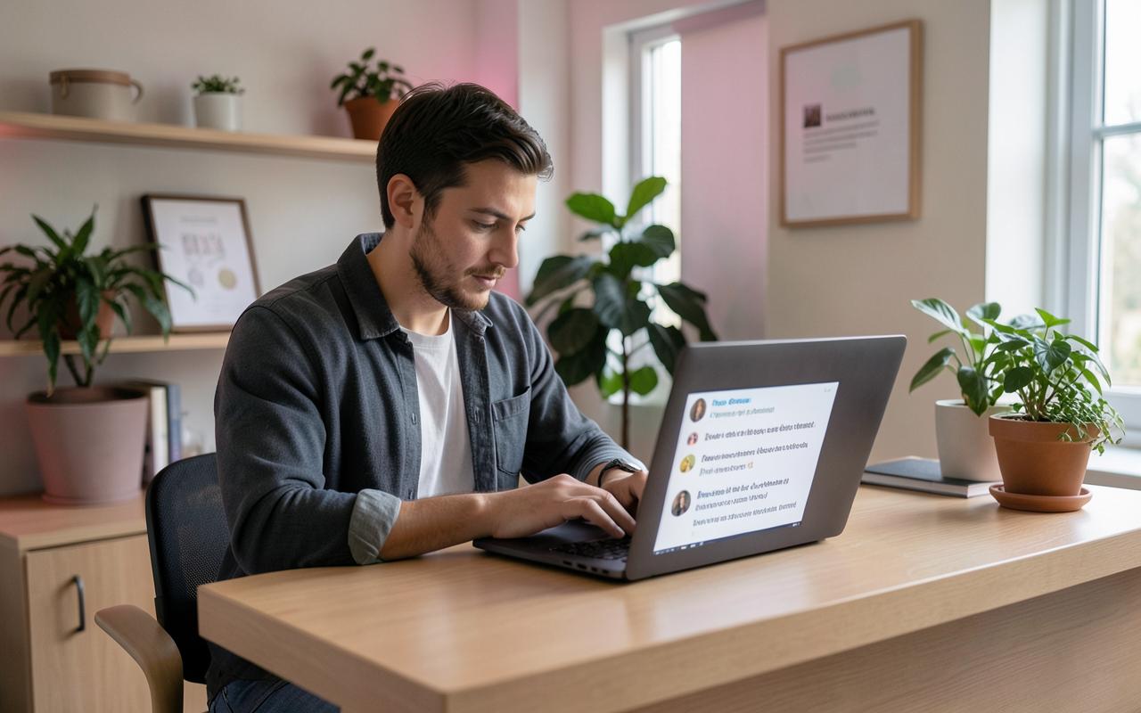 Learning-center owner reviewing customer reviews and comments on a laptop at the front desk