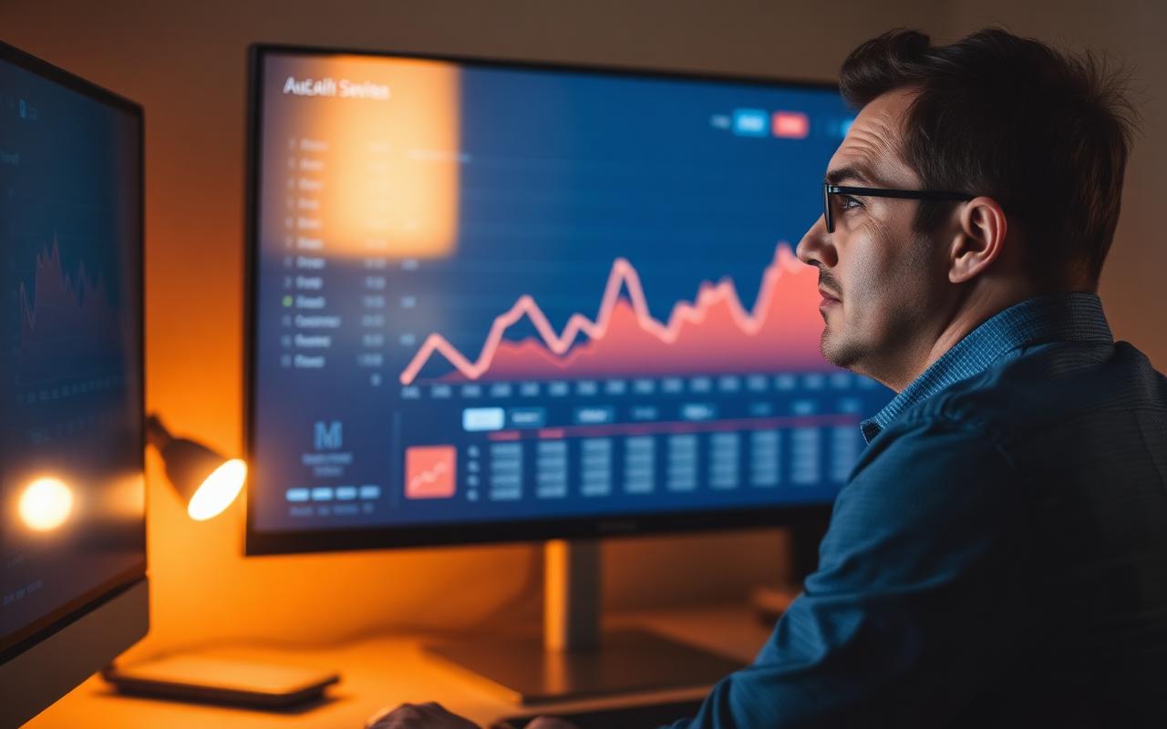 A marketer studying a rising website traffic chart on a monitor