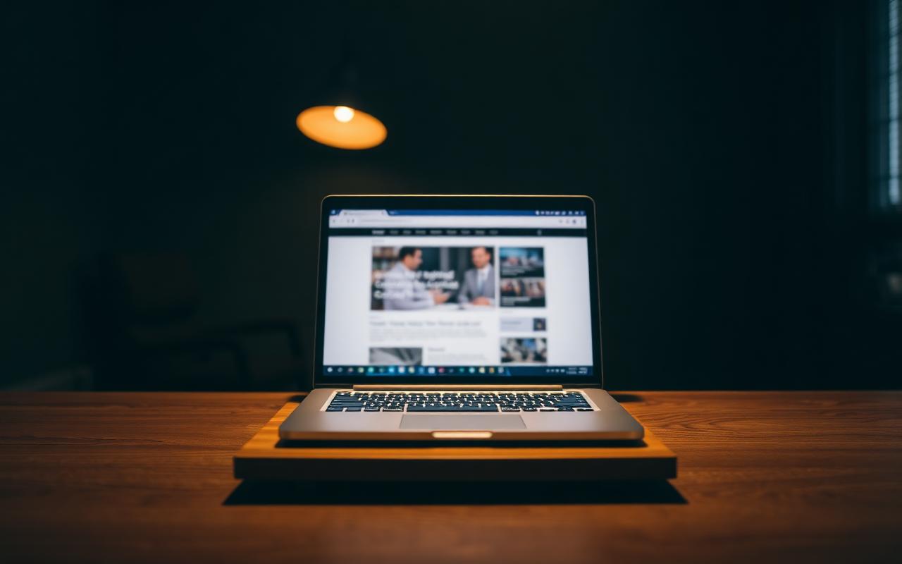 A well-designed business website open on a laptop in a quiet empty office at night